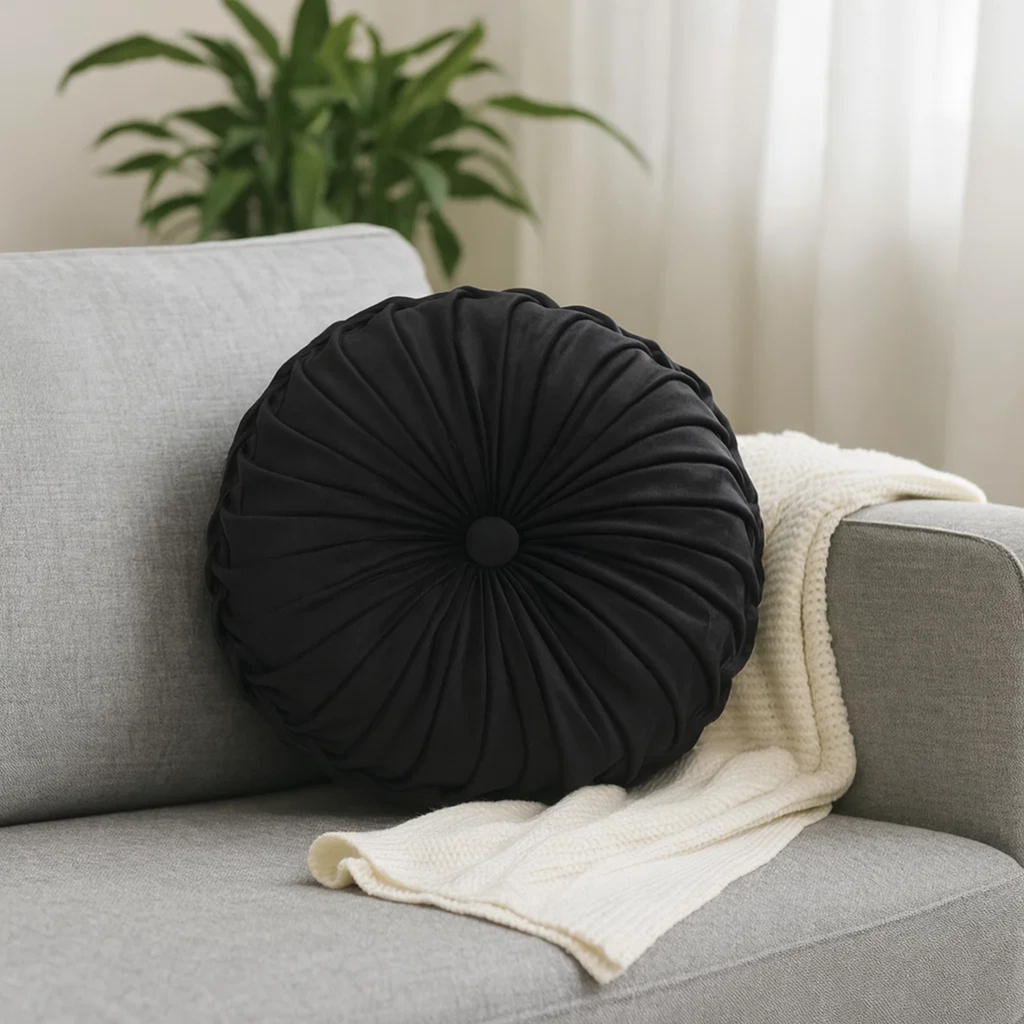 Pleated Velvet Round Throw Pillow