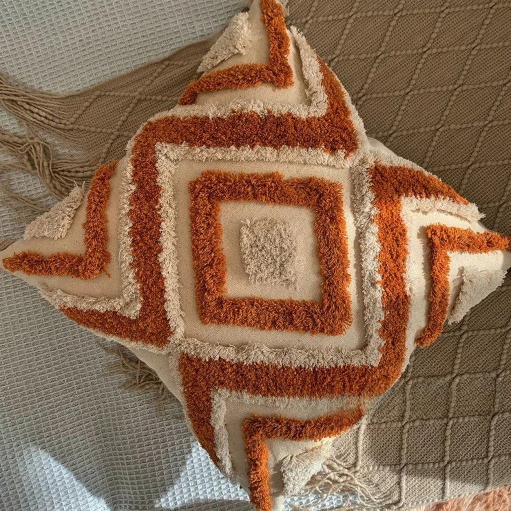 Boho Style Decorative Throw Pillow with Geometric Embroidery
