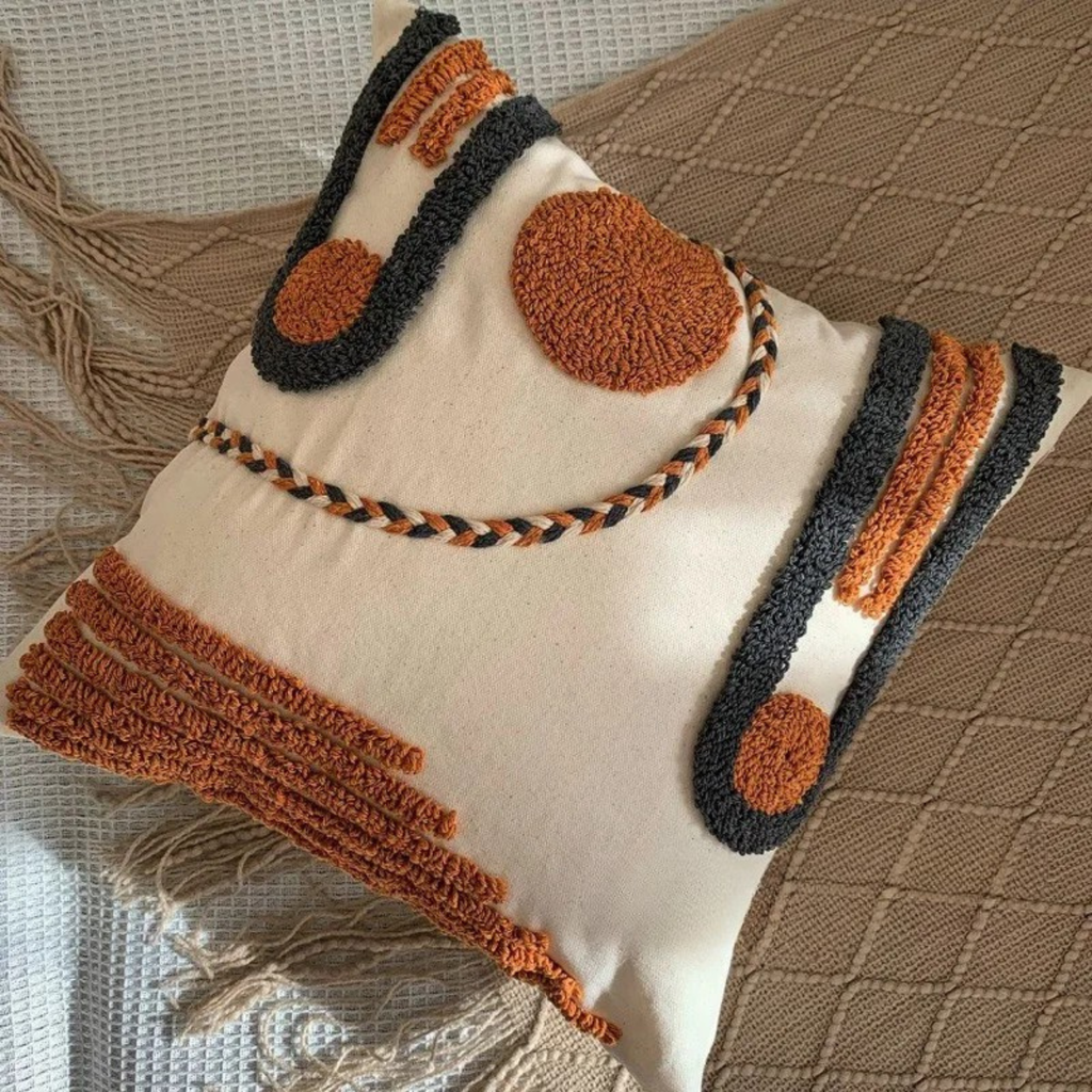 Boho Style Decorative Throw Pillow with Geometric Embroidery