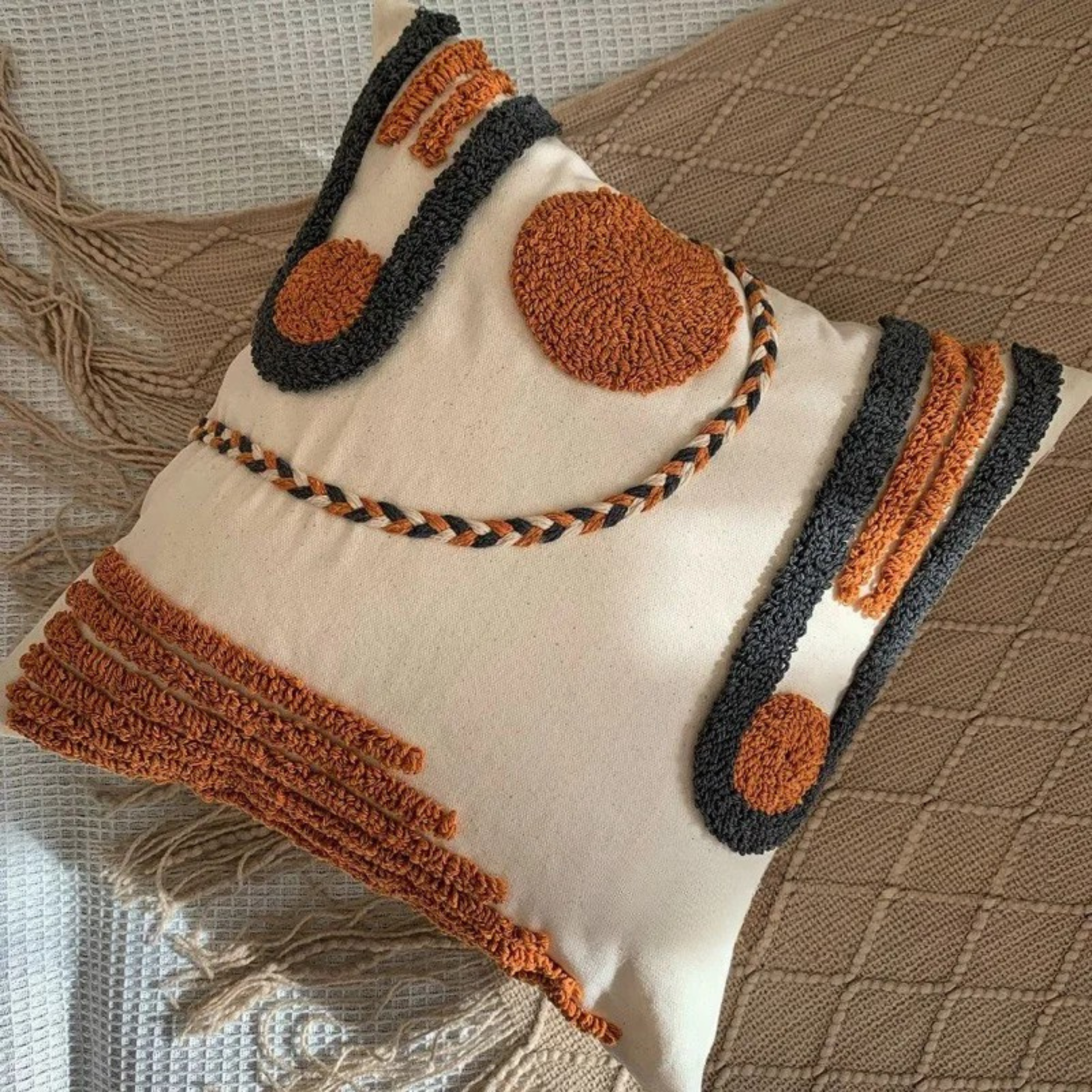 Boho Style Decorative Throw Pillow with Geometric Embroidery