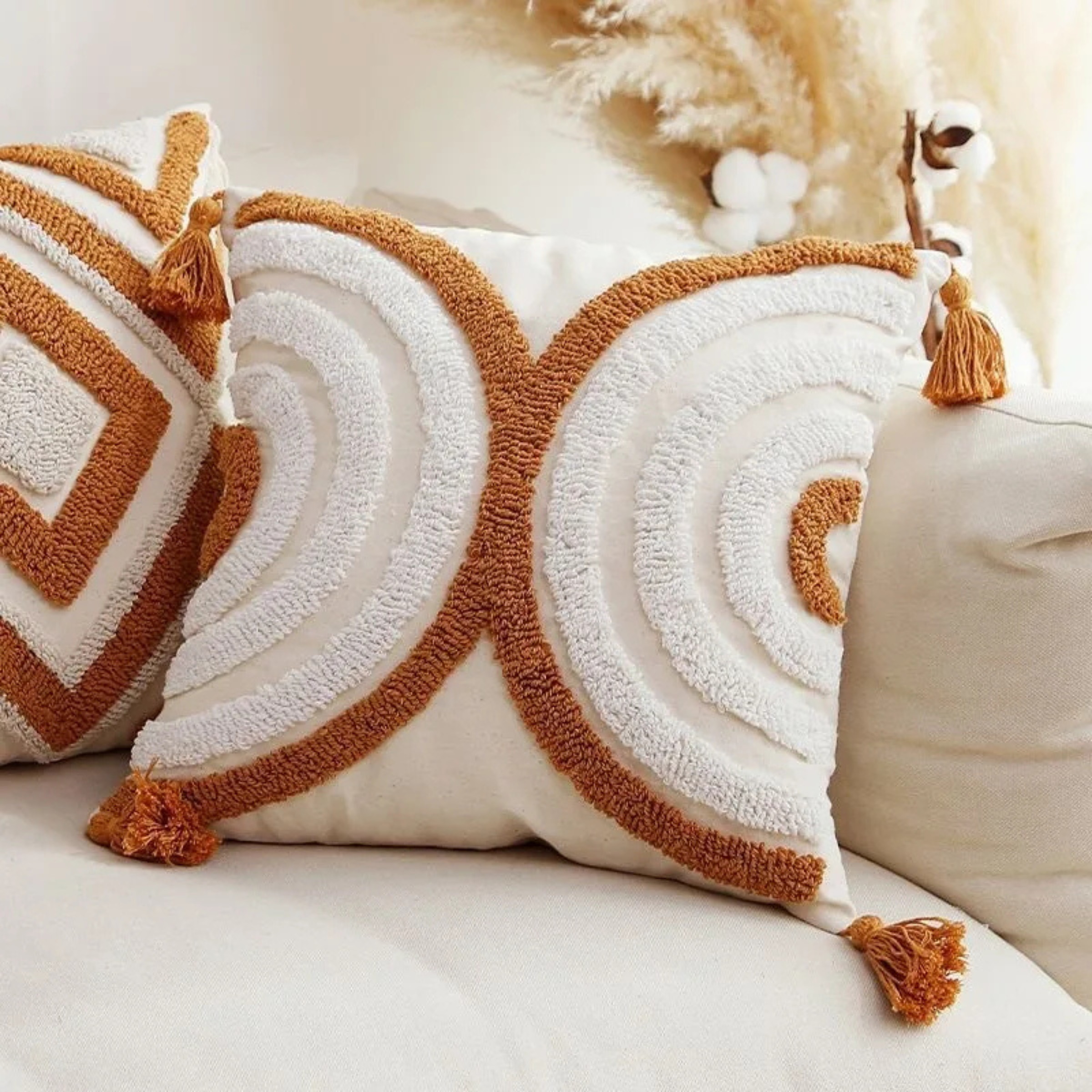 Boho Style Decorative Throw Pillow with Geometric Embroidery