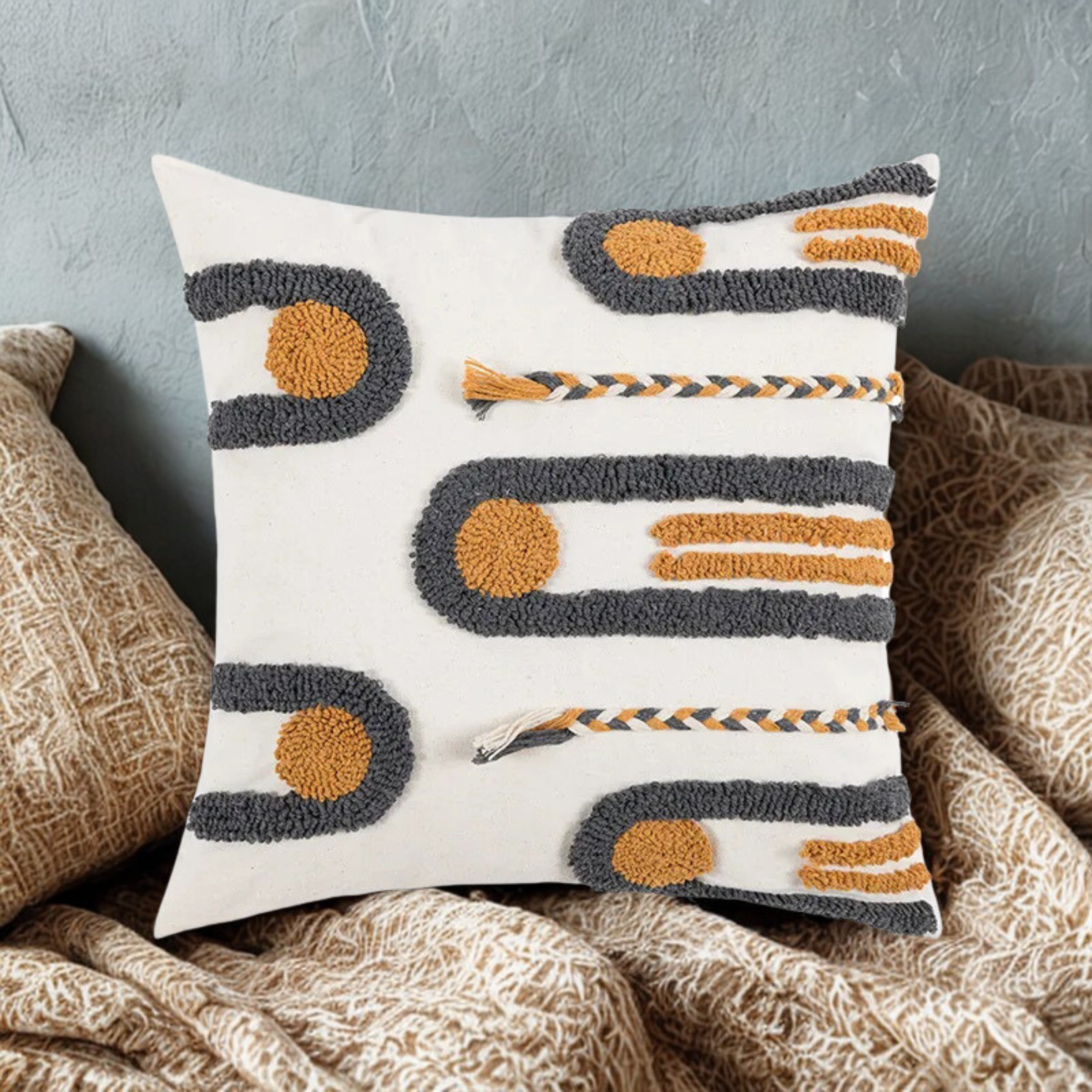 Boho Style Decorative Throw Pillow with Geometric Embroidery