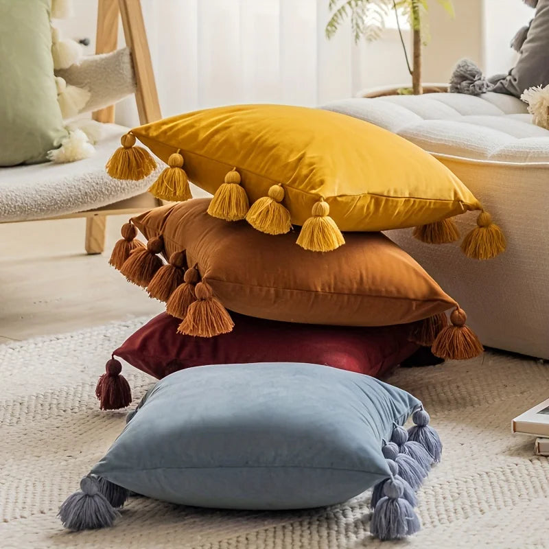 Decorative Pillow Cover Soft Velvet Boho Style with Tassels 1