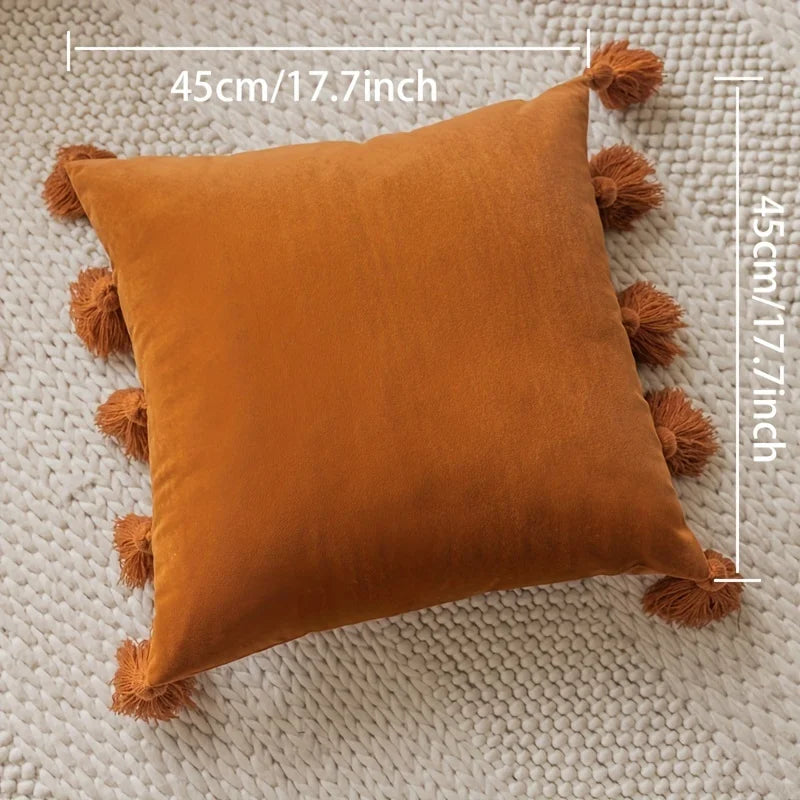 Decorative Pillow Cover Soft Velvet Boho Style with Tassels 2
