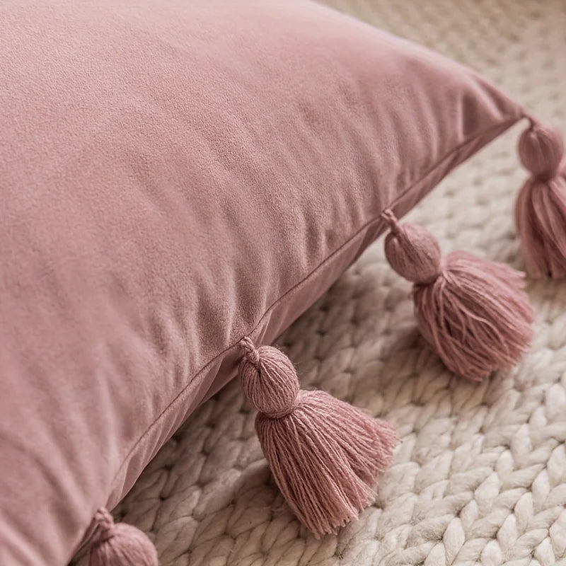 Decorative Pillow Cover Soft Velvet Boho Style with Tassels 5