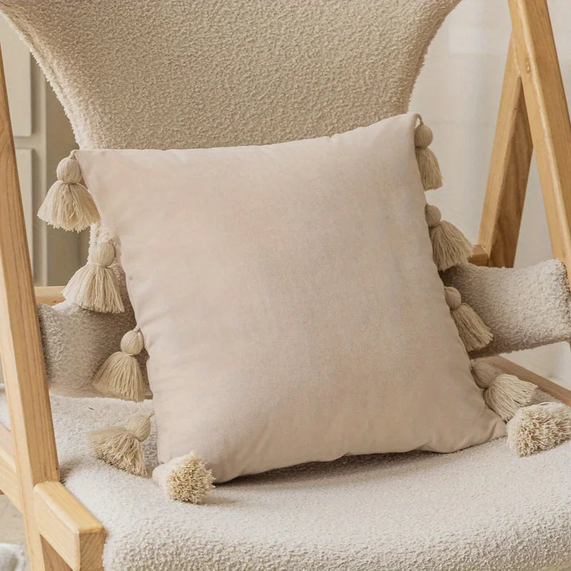 Decorative Pillow Cover Soft Velvet Boho Style with Tassels 7